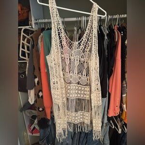 Crochet Fringe Vest Cover-Up in Cream